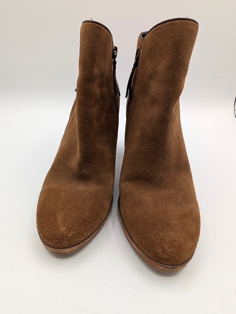 Cole Haan Hayes Brown Suede Ankle Booties Double Zip Stacked Heel Size 6B